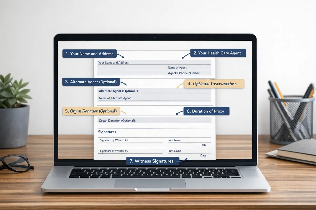 Annotated New York health care proxy form mockup on a laptop screen with callout notes for Sections 1 through 7, highlighting agent contact info, optional instructions section, and witness signature area, clean workshop-style layout