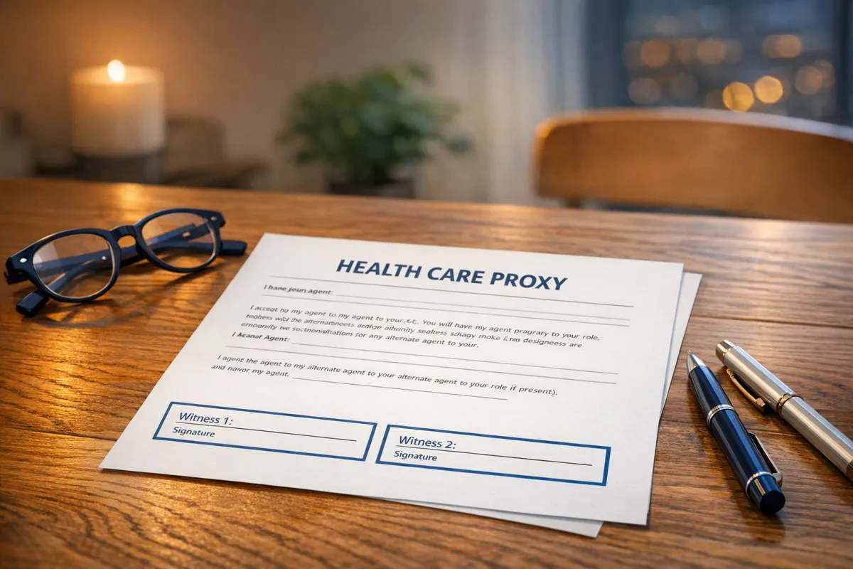 Close-up of a New York health care proxy form on a dining table in a Brooklyn apartment, two witness signature lines highlighted, pens and reading glasses nearby, warm evening light