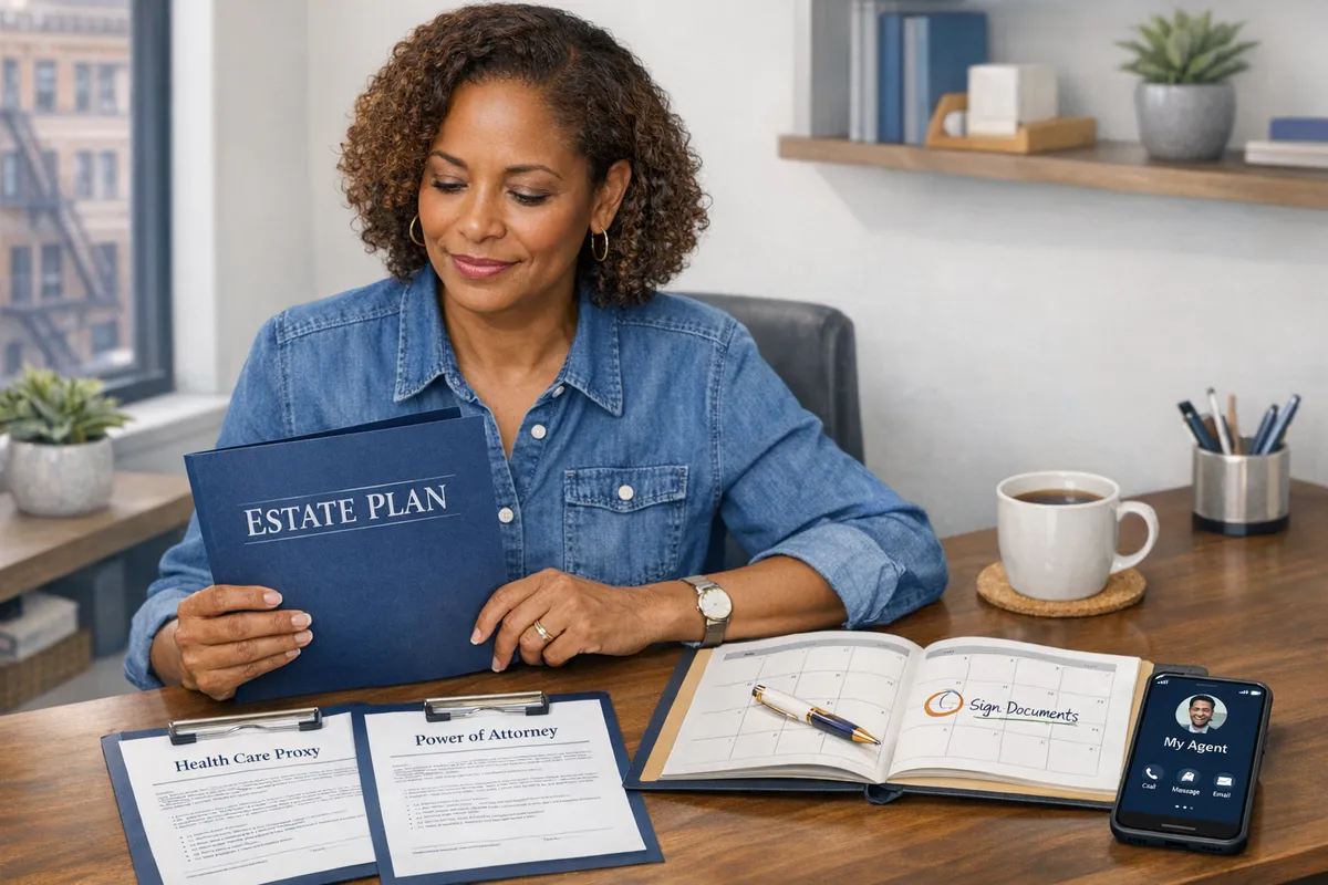 Brooklyn small business owner at a desk with a folder labeled “Estate Plan,” including health care proxy and power of attorney documents, calendar open to signing date, phone showing agent contact, professional yet home-office setting