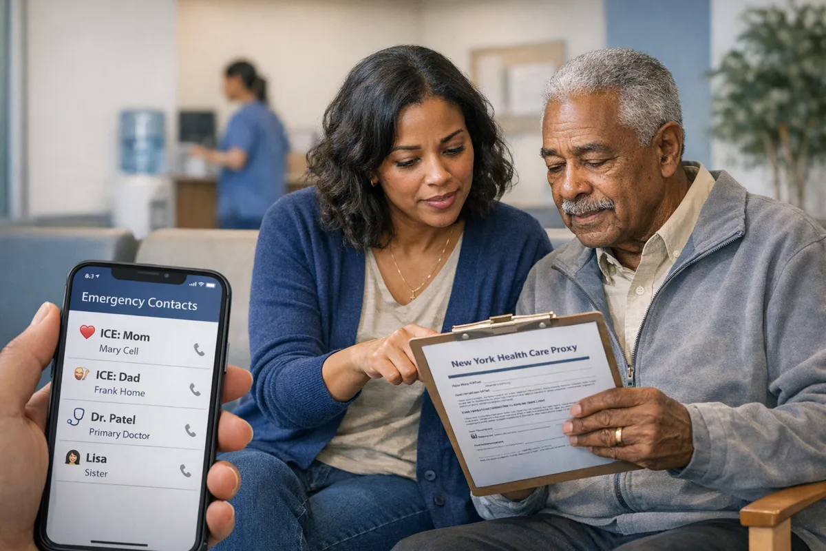 Brooklyn family in a hospital waiting room reviewing a New York health care proxy form on a clipboard, adult child caregiver and older parent, phone showing emergency contact list, realistic documentary style lighting